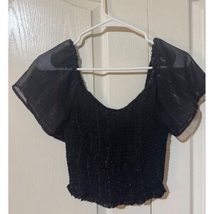 Jopra Black Smocked Top Flutter Sleeve Shimmer‎ Sparkle Blouse Size S